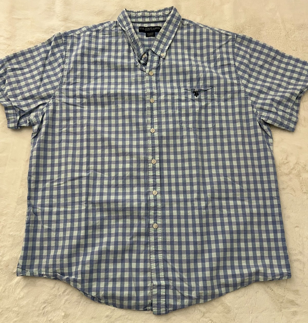 U.S. Polo Assn Mens XXL Gingham Check Short Sleeve Button Down Shirt Blue Green